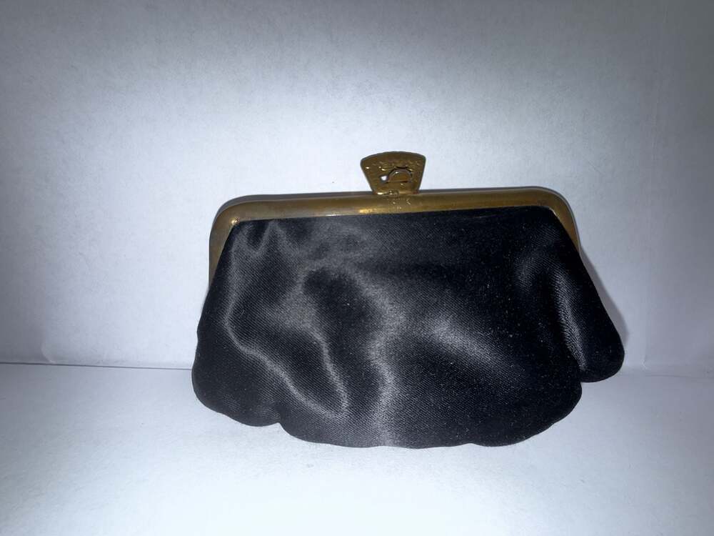 Vintage Lewis Black Satin Kiss-Lock Coin Purse with Ornate Gold-Tone Clasp